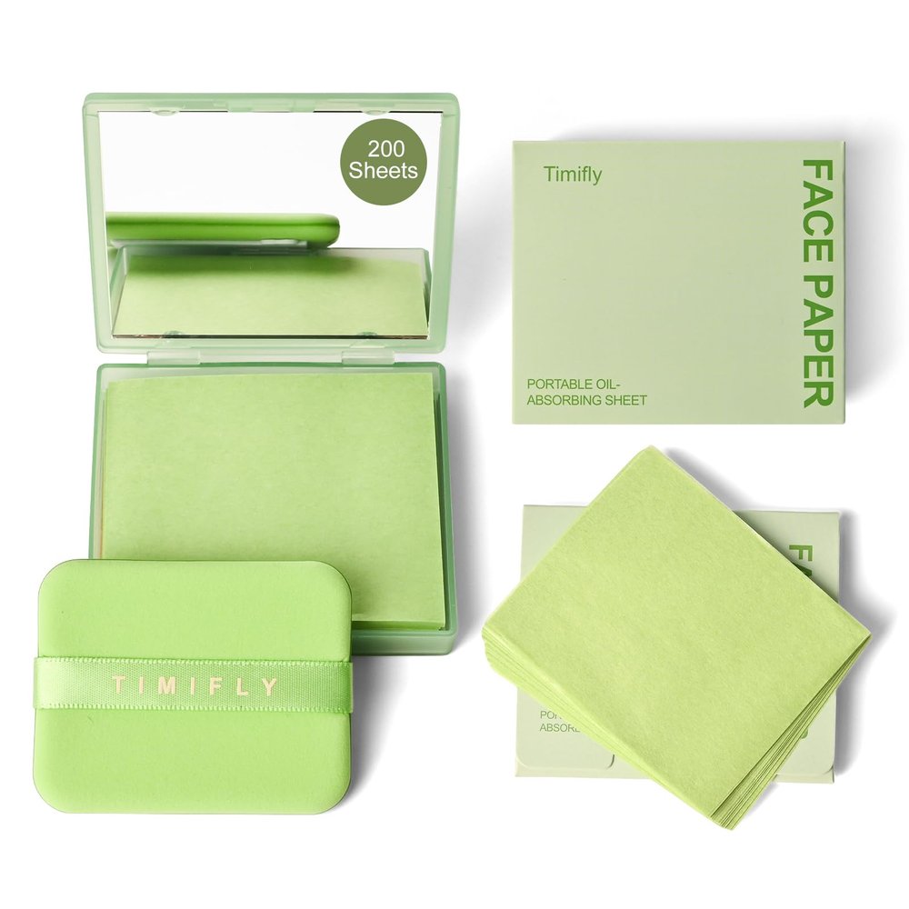 KYDA 200 Sheets Face Oil Blotting Paper, Included Refills, Mirror and Puff, Oil Absorbing Sheets for Matte Makeup, Controls Shine, Absorb Excess Oil, Travel Size Gentle Face Makeup, Green Tea