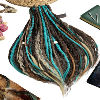 Synthetic Crochet Dreads Forest Spirit Combination of Textured Straight and Curly dread, a colour scheme natural light brown, dark brown emerald blue color Double ended Dreadlocks Extensions 20 in