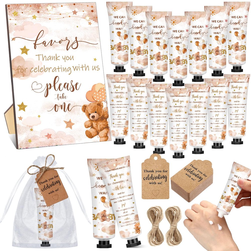 Dimsile 50 Sets Baby Shower Hand Cream with Organza Bag Thank You Card Baby Shower Wedding Gifts for Guests Bridal Wedding Favors for Guests, Thank You Gifts for Women(Brown Bear)
