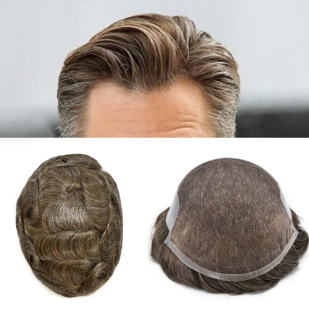 Hair Wonders Hair System for Men Swiss Lace Hairpiece for Men Toupee Real Natural Human Hair Lace Front Mens Hair System 7X9#520#5 Medium Light Brown+20% Grey 100% Density