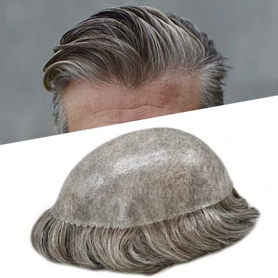 LYRICAL HAIR Toupee for Men Human Hair Replacement System Injected Poly Skin Male Prothesis Durable PU Mens Hairpiece Wig 7"X9" #360 Dark Brown+60% Gray