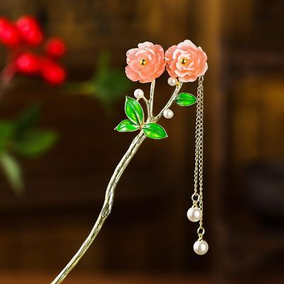 qbodp 2 Pcs Hair Sticks Barrettes for Women, Chinese Hair Chopsticks for Buns, Pearl Tassel Decorative Chopsticks Hair Accessories Pink Flower Hair Pins Stick