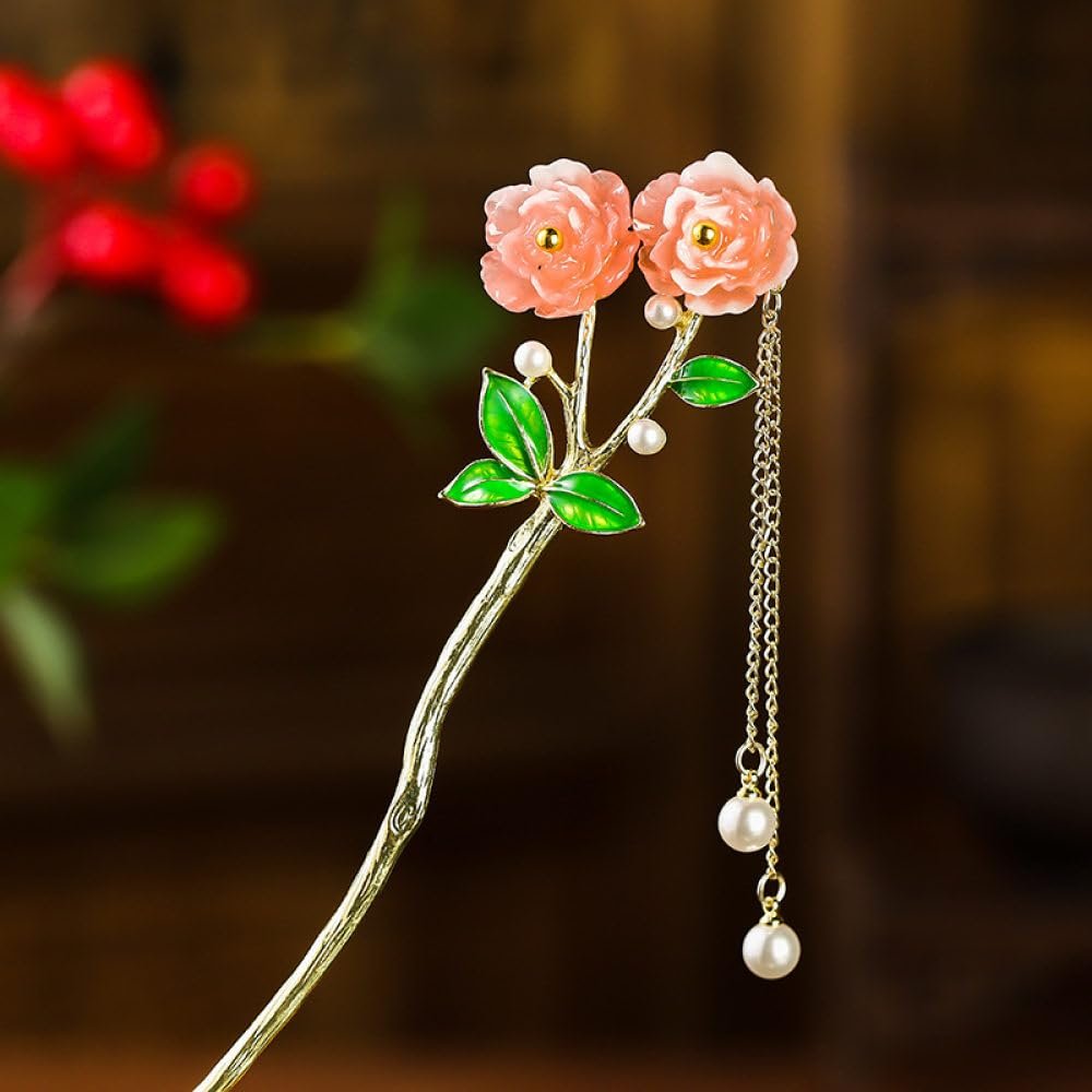 qbodp 2 Pcs Hair Sticks Barrettes for Women, Chinese Hair Chopsticks for Buns, Pearl Tassel Decorative Chopsticks Hair Accessories Pink Flower Hair Pins Stick