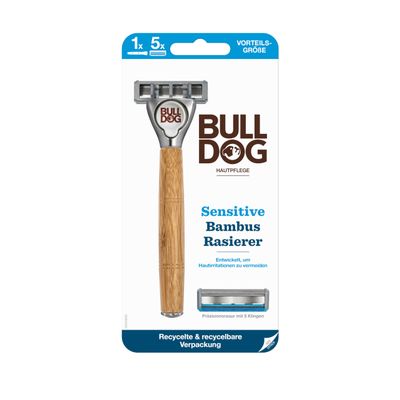 BULLDOG - Wet Shaving for Men | Sensitive Razor with Bamboo Handle | Razor + 4 Replacement Blades | 5-Way Blade