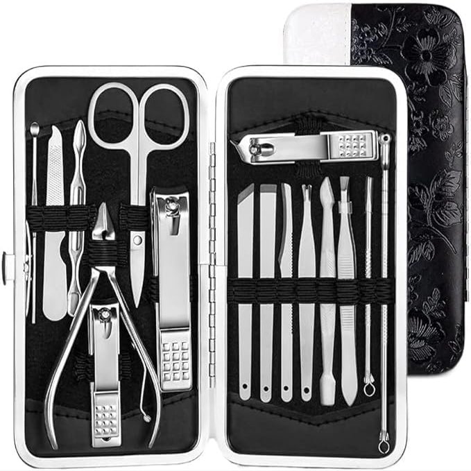 16 in 1 Essential Manicure Pedicure Kit with Nail Cutter, Scissors, Tweezers, Ear Pick Eyebrow Utility Tools with Leather Case