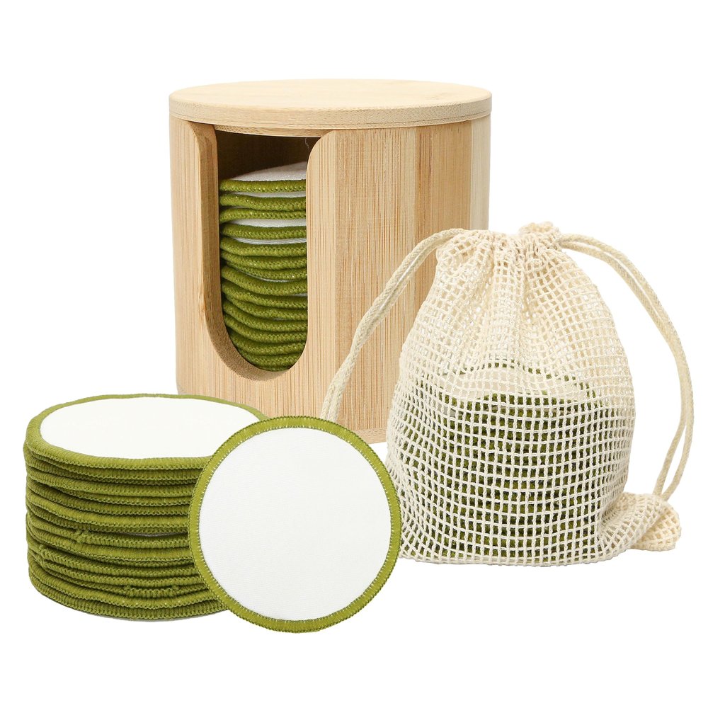 16PCS Reusable Cotton Pads Makeup Remover Face Cotton, Bamboo Storage Box Soft Facial Round, Washable Laundry Zero Waste Cleansing Wipes Storage Bamboo Box Bag Holder for Skin Care Gifts Exfoliating