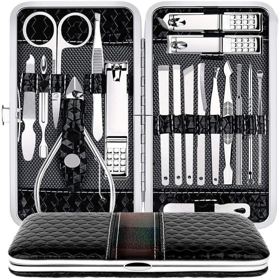18 in 1 Essentials Manicure Pedicure Kit with Nail Cutter, Scissors, Tweezers, Ear Pick Eyebrow Utility Tools with Leather Case