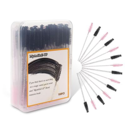 100 Pcs Disposable Eyelash Brush, Mascara Wands Makeup Brushes Crystal Eyebrow Spoolies rush for Eyelash Extensions with Container (Crystal Black+Crystal Pink)