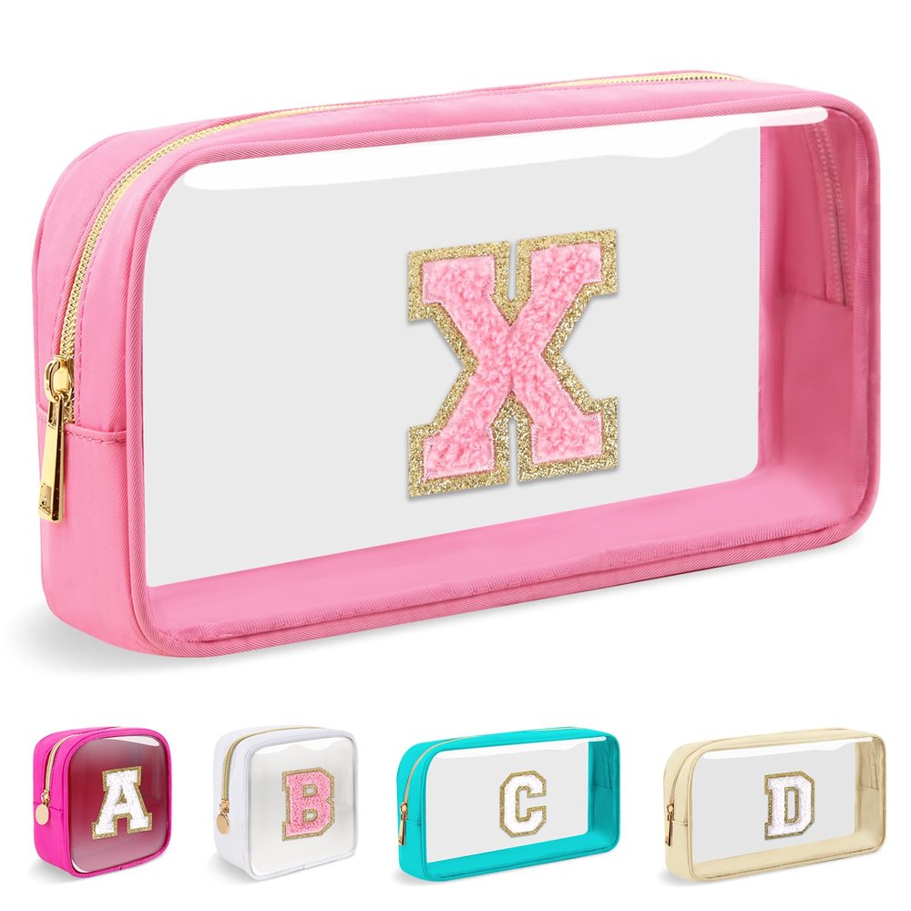 Small Clear Personalized Initial Makeup Bag, Preppy A-Z Chenille Letter Patch Cosmetic Bag, Cute Transparent Nylon Waterproof Zipper Beach Varsity Letter Pouch, Gift for Women Girls(Pink-Pink X)