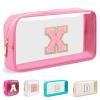 Small Clear Personalized Initial Makeup Bag, Preppy A-Z Chenille Letter Patch Cosmetic Bag, Cute Transparent Nylon Waterproof Zipper Beach Varsity Letter Pouch, Gift for Women Girls(Pink-Pink X) view 1