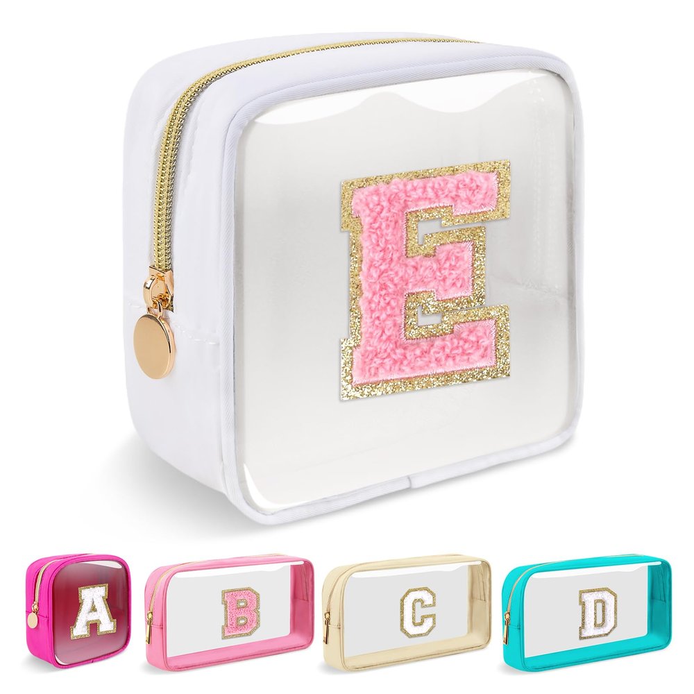 Mini Clear Personalized Initial Makeup Bag,Nylon Preppy A-Z Chenille Letter Patch Zipper Cosmetic Bag, Small Cute Beach Pouch Travel Purse Sanitary Napkin Storage Bag for Women Girls(White-Pink E)