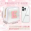 Mini Clear Personalized Initial Makeup Bag,Nylon Preppy A-Z Chenille Letter Patch Zipper Cosmetic Bag, Small Cute Beach Pouch Travel Purse Sanitary Napkin Storage Bag for Women Girls(White-Pink E) view 2