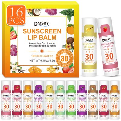 16 Pack SPF 30 Sunscreen Lip Balm Bulk, 8 Flavors