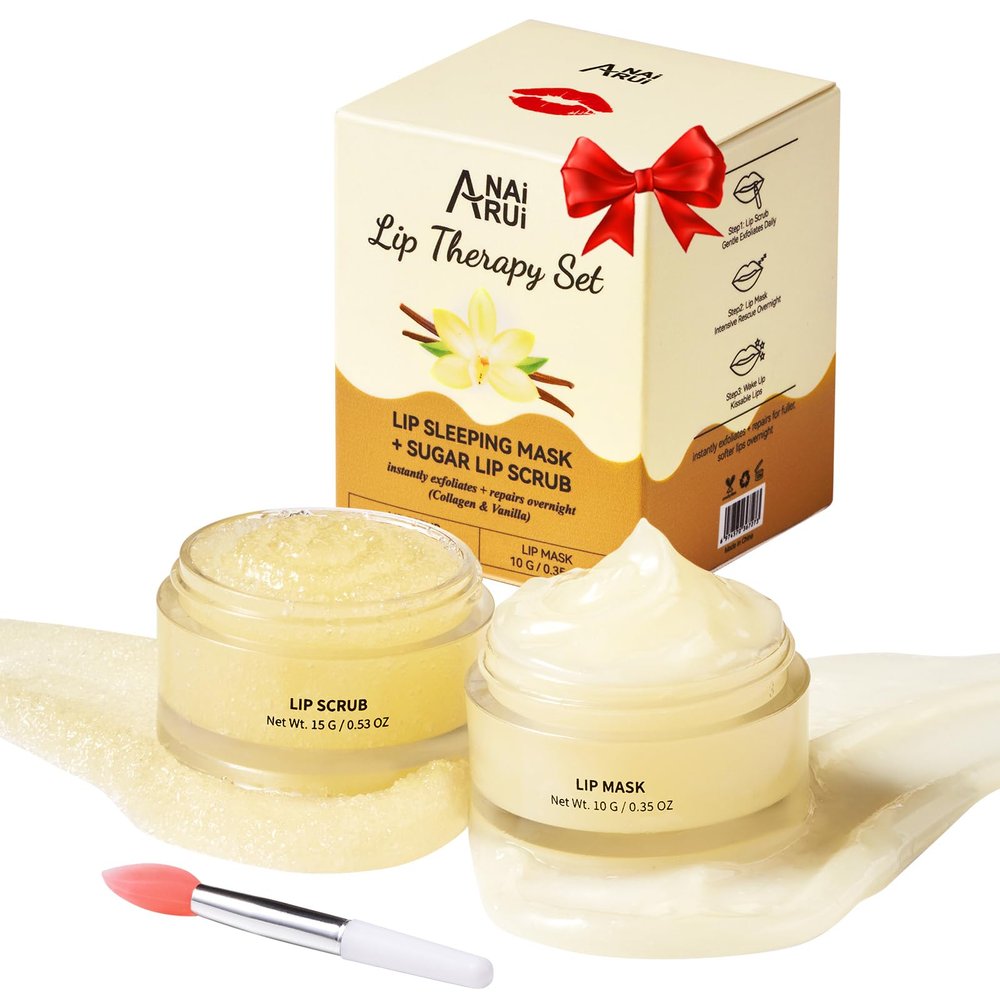 ANAI RUI Lip Mask and Scrub Set, Lip Sleeping Mask & Lip Exfoliator Scrub for Exfoliating, Lip Overnight Treatment, Lip Care Gift Kits for Dry, Chapped & Dark Lips, Holiday Gifts For Girls, Vanilla