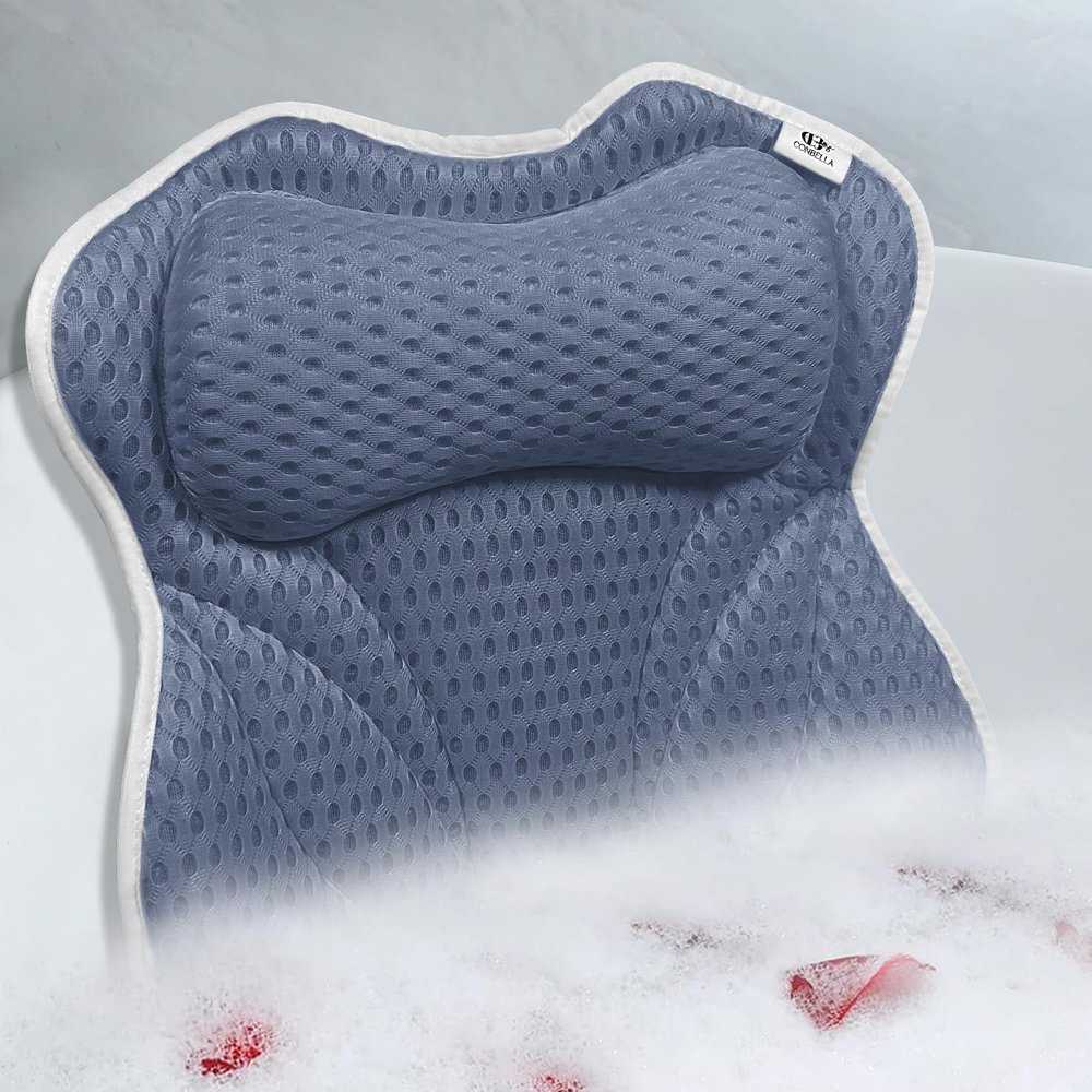 Bath Pillow, Bath Pillows for Tub Neck and Back Support, Bathtub Pillows for Head and Neck with 6 Strong Non-Slip Suction Cups, 4D Air Mesh, Bath Accessories Spa Gifts for Women(Blue)