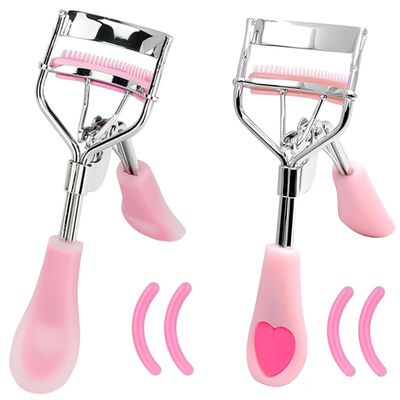 2 Pcs Stainless Steel Eyelash Curler with Built-in Comb Pinch Pain-Free Suitable for Any Eye Shapes and Sizes, with 4 Silicone Refill PadsHazy Pink&Light Pink