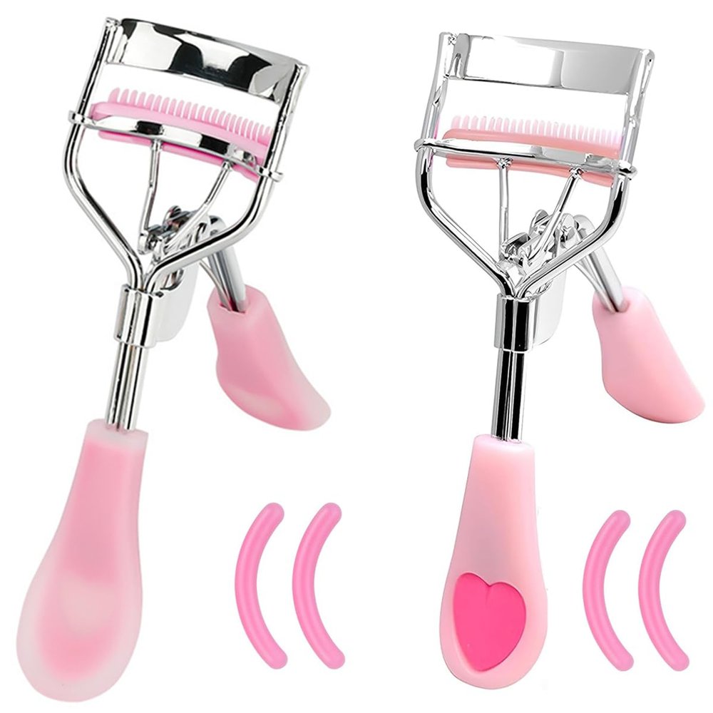 2 Pcs Stainless Steel Eyelash Curler with Built-in Comb Pinch Pain-Free Suitable for Any Eye Shapes and Sizes, with 4 Silicone Refill PadsHazy Pink&Light Pink
