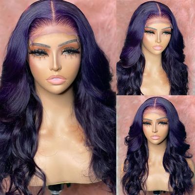 Blue Human Hair Lace Front Wigs Body Wave 13x4 Dark Blue Colored Pre Plucked With Natural Hairline HD Transparent Lace Frontal Wigs for Women (13x4 lace front wig, 12 inch)