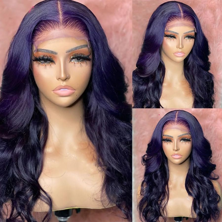 Blue Human Hair Lace Front Wigs Body Wave 13x4 Dark Blue Colored Pre Plucked With Natural Hairline HD Transparent Lace Frontal Wigs for Women (13x4 lace front wig, 12 inch)