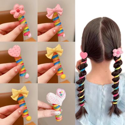 6Pcs Colorful Telephone Wire Hair Bands for Kids, Women Girl Spiral Hair Ties Phone Cord Hair Ring, No Crease Hair Tie Bowknot Hair Bands Ponytail Holders Telephone Line Hairtie Hair Accessories (C)