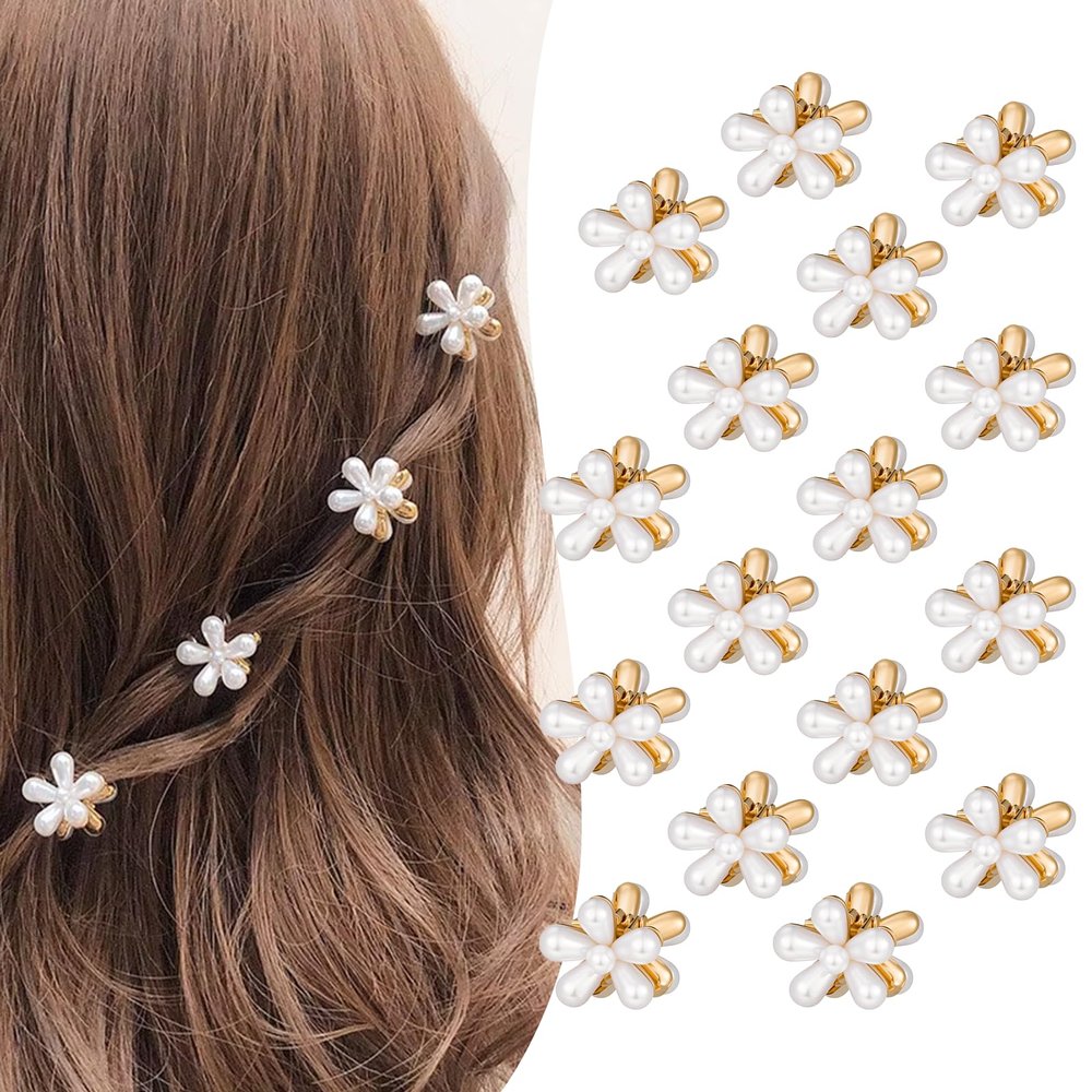 16 Pcs Small Pearl Claw Clips with Flower Design, Mini Hair Clips for Thin Thick Hair, Pearl Hair Accessories for Women Girls Sweet Tiny Hair Clips, Flower Hair Jaw Clamps Nonslip