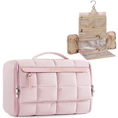 BAGSMART Travel Toiletry Bag, Extra Large Full-open Hanging Toiletry Bag for Women, Puffy Cosmetic Makeup Bag Organizer with Handle for Accessories, Essentials, Toiletries (Pink 13''L)