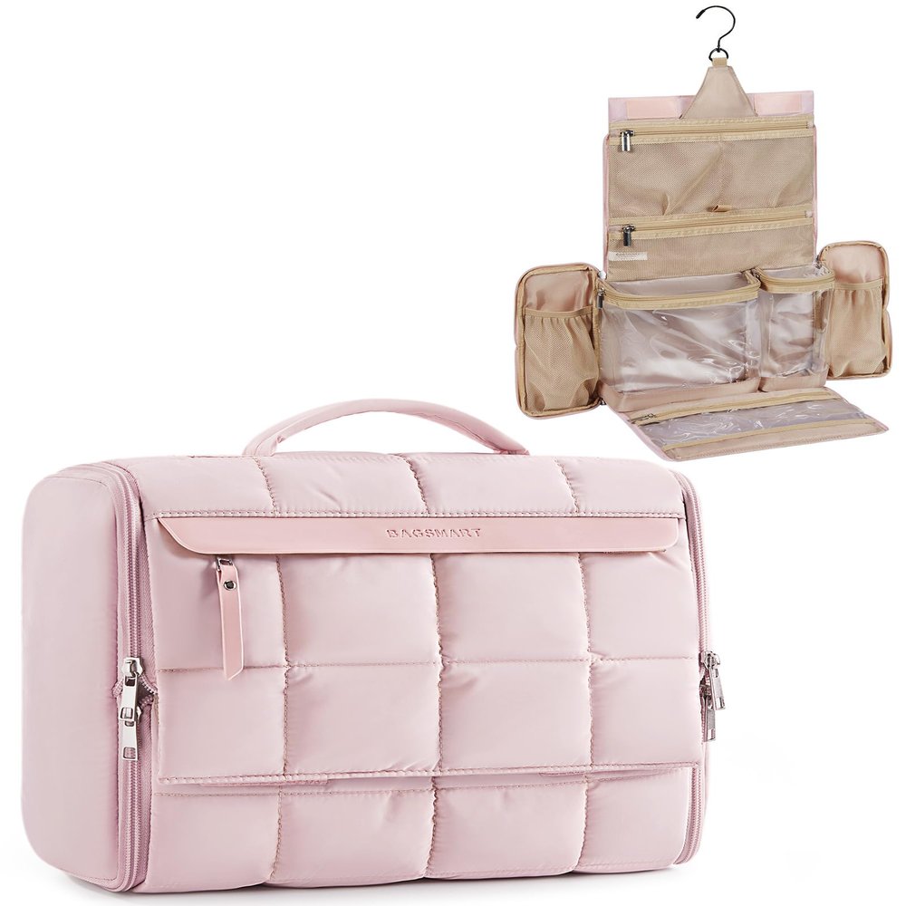 BAGSMART Travel Toiletry Bag, Extra Large Full-open Hanging Toiletry Bag for Women, Puffy Cosmetic Makeup Bag Organizer with Handle for Accessories, Essentials, Toiletries (Pink 13''L)