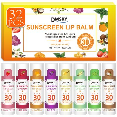 DMSKY SPF 30 Lip Balm Bulk 32 Pack, Sunscreen With Broad Spectrum UVA/UVB Protection, Travel Size Sunblock