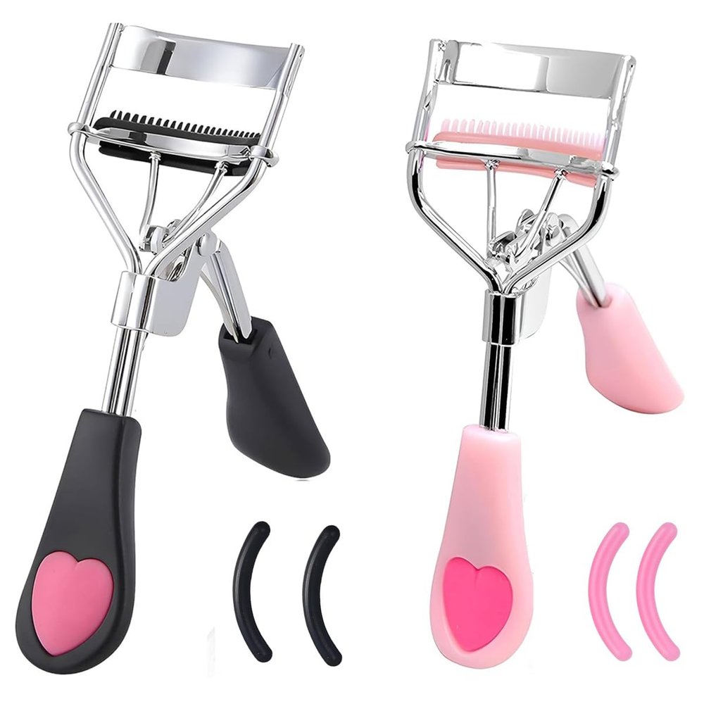 2 Pcs Stainless Steel Eyelash Curler with Built-in Comb Pinch Pain-Free Suitable for Any Eye Shapes and Sizes, with 4 Silicone Refill PadsBlack&Light Pink
