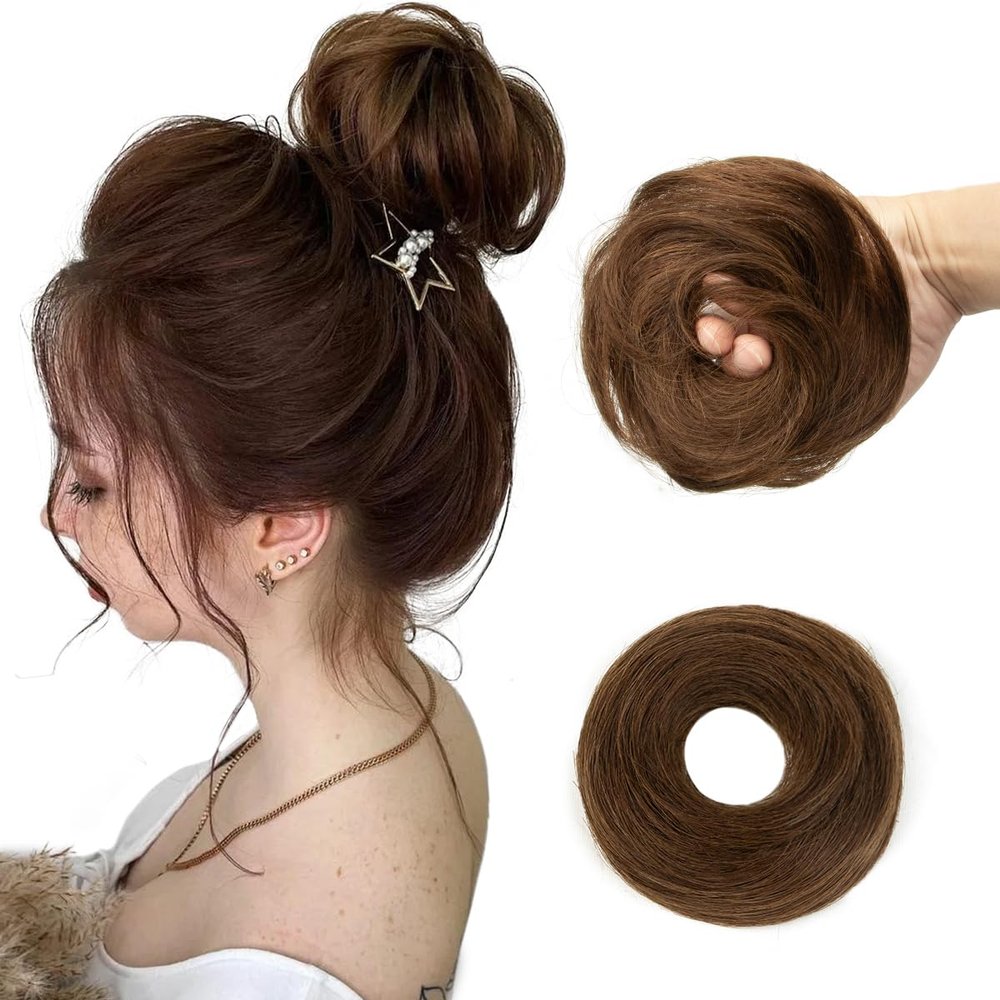 isheeny Messy Bun Hair Piece 2PCS 100% Real Human Hair Tousled Updo Extension Natural Curly Messy Bun, Elastic Band Hair Bun HairPiece Ponytail Extensions for Children Dark Brown