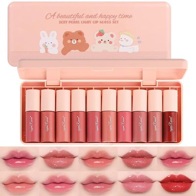 Qifylmaf 10 Colors Lip Tint Stain Set with Natural Fruits Design, Pearly Lustre Finish, Korean Plumping Lip Gloss Watery Lip Stain (Cartoon Box)