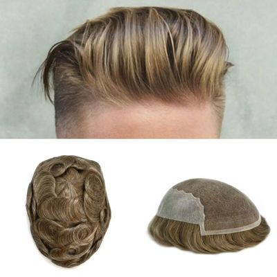 F M Human Hair Toupee for Men French Lace with Poly Mens Hair Replacement System Natural Hairline Hair System for Men Bleached Knots 8"X10" #1820 Medium Ash Blonde with 20%gray-110%density