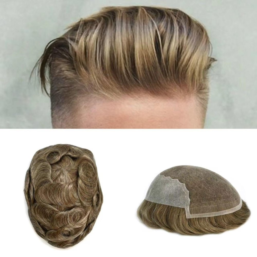 F M Human Hair Toupee for Men French Lace with Poly Mens Hair Replacement System Natural Hairline Hair System for Men Bleached Knots 8"X10" #1820 Medium Ash Blonde with 20%gray-110%density