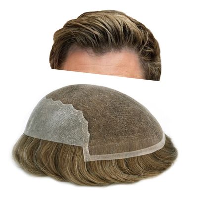 F M Human Hair Toupee for Men French Lace with Poly Mens Hair Replacement System Natural Hairline Hair System for Men Bleached Knots 7"X9" #1830 Medium Ash Blonde with 30%gray-90%density