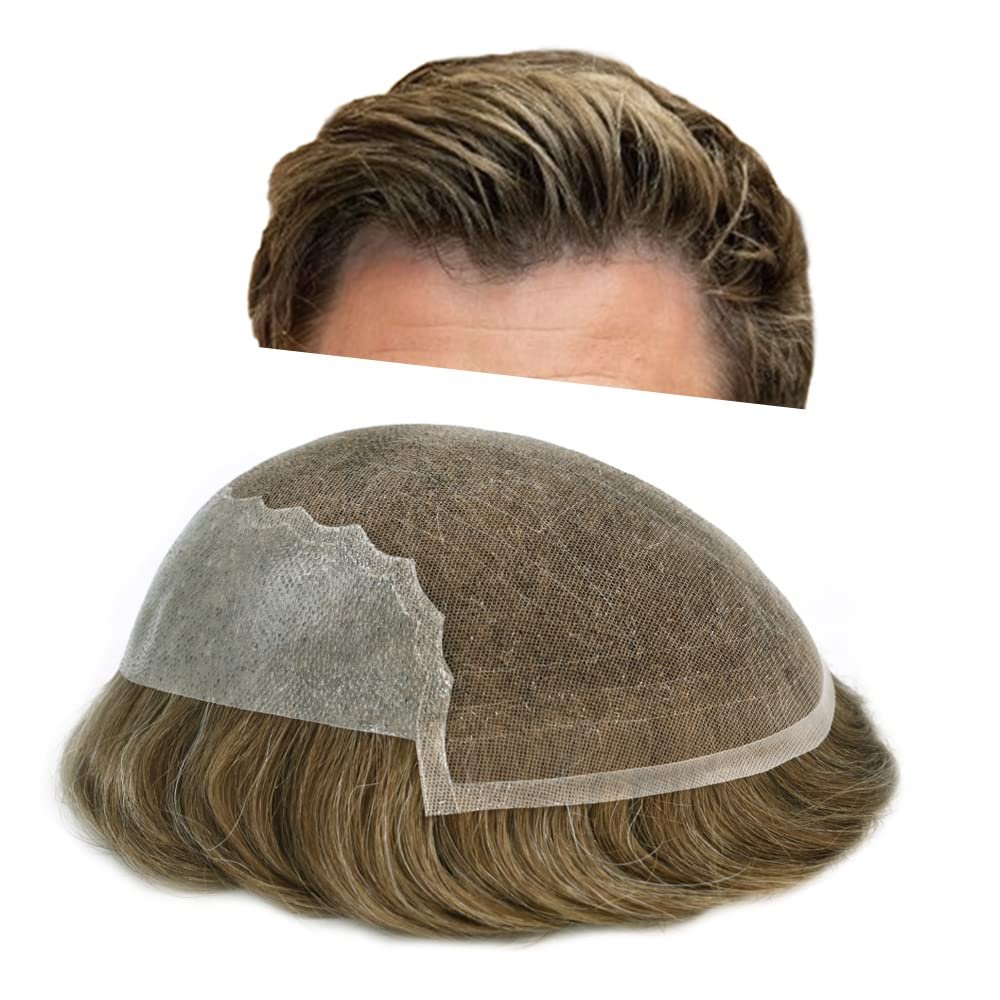 F M Human Hair Toupee for Men French Lace with Poly Mens Hair Replacement System Natural Hairline Hair System for Men Bleached Knots 7"X9" #1830 Medium Ash Blonde with 30%gray-90%density