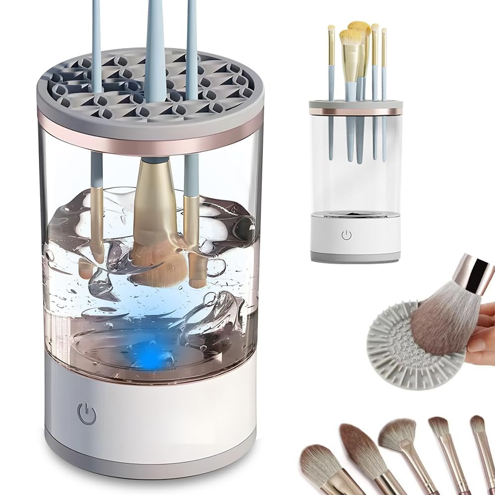 AMYESE 2025 Makeup Brush Cleaner, Automatic Makeup Brush Cleaning Machine, 3-in-1 Electric Beauty Brush Cleaner, Air Drying and Dust-proof Organizer, Makeup Brush Tool, Great Gift for Makeup Friends