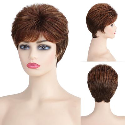 SEVENCOLORS Short Brown Wigs for White Women Synthetic Layered Pixie Cut Wigs with Bangs Natural Hair Mixed Auburn Womens Wigs