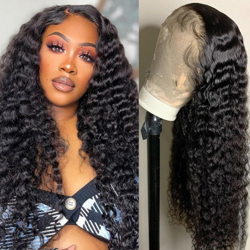 13x4 Deep Wave Lace Front Wigs Human Hair 180% Density Deep Curly Wigs for Women Brazilian Wig HD Transparent Lace Human Hair with Baby Hair Glueless Wig Natural Black 32 Inch