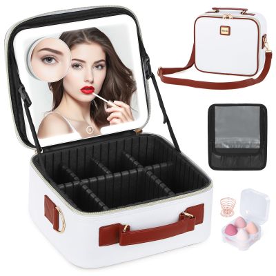 Aiborke Travel Makeup Bag with Led Mirror Make up Case with Lighted Mirror Cosmetic Organizer bag with Adjustable Dividers and 5X Magnifying Mirror Makeup Box Vanity Case for Women (White+Brown)