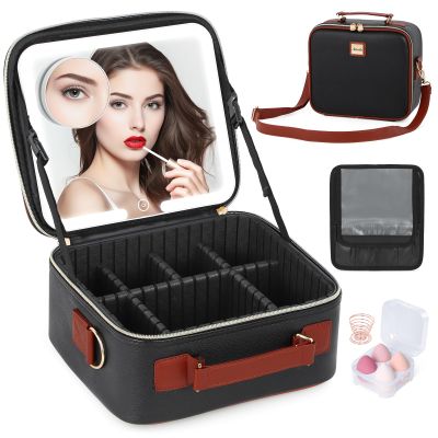 Aiborke Travel Makeup Bag with Led Mirror Make up Case with Lighted Mirror Cosmetic Organizer bag with Adjustable Dividers and 5X Magnifying Mirror Makeup Box Vanity Case for Women (Black+Brown)