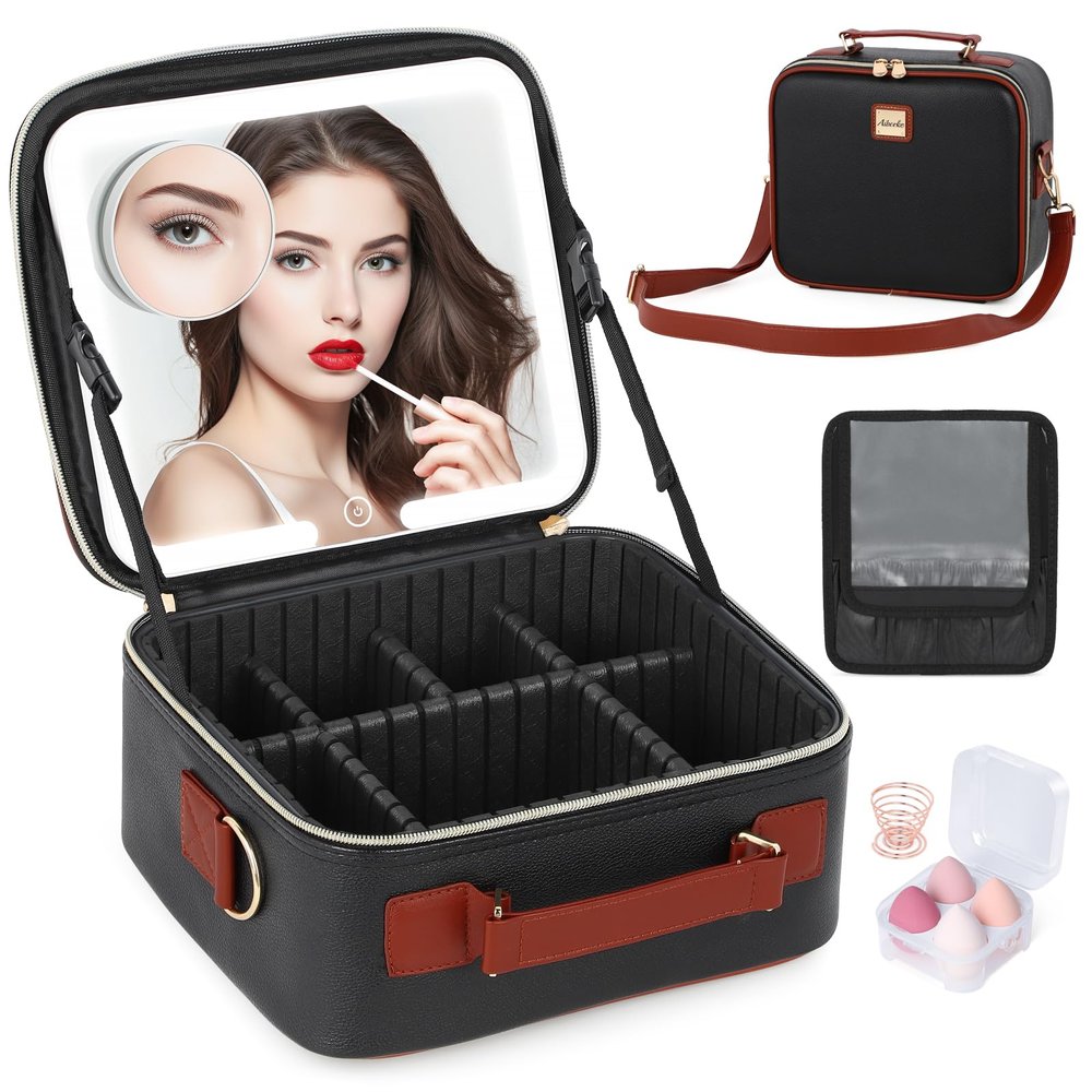 Aiborke Travel Makeup Bag with Led Mirror Make up Case with Lighted Mirror Cosmetic Organizer bag with Adjustable Dividers and 5X Magnifying Mirror Makeup Box Vanity Case for Women (Black+Brown)