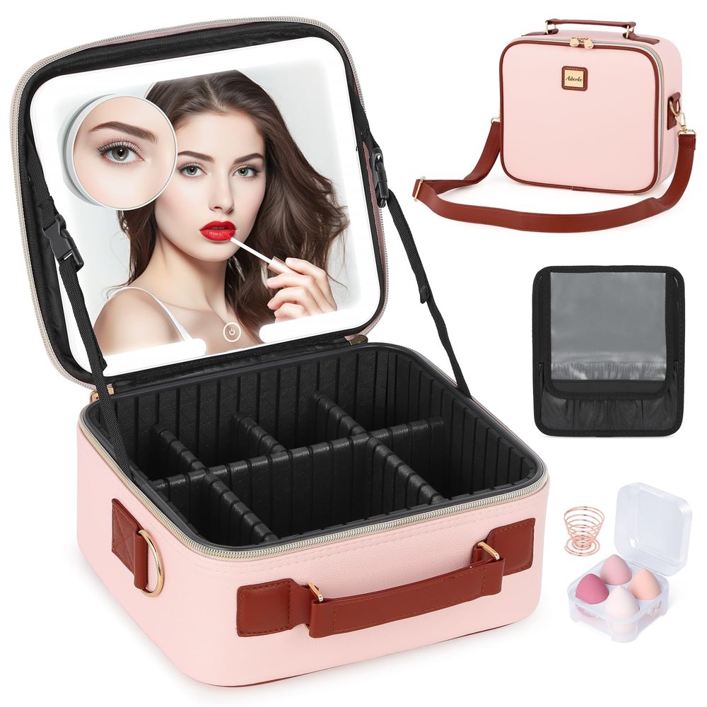 Aiborke Travel Makeup Bag with Led Mirror Make up Case with Lighted Mirror Cosmetic Organizer bag with Adjustable Dividers and 5X Magnifying Mirror Makeup Box Vanity Case for Women (Pink+Brown)