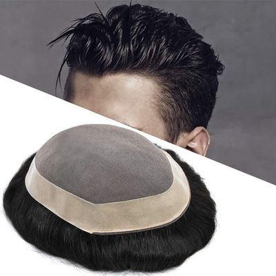 LYRICAL HAIR Fine Mono Durable Hairpieces For Man NPU Perimeter Mens Toupee Human Hair System Replacement (1B10# Off Black with 10% Gray Hair, 7X9)
