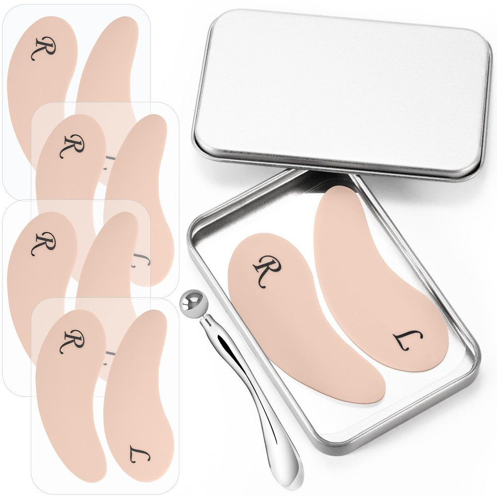 Beautistin 4 Pairs Reusable Under Eye Wrinkle Patches Silicone Mask, Plump Fine Lines & Wrinkles, with Metal Eye Cream Applicator, Tin Case, Cream