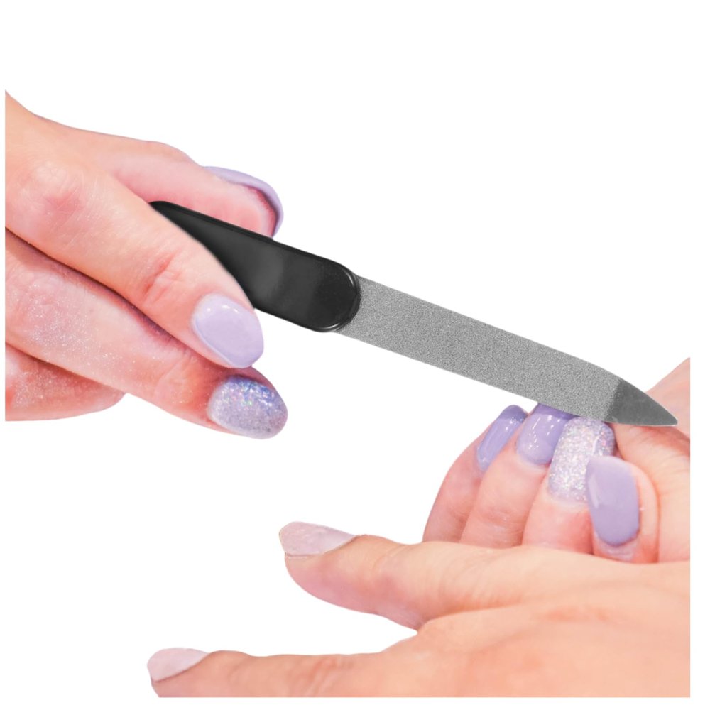NOLITOY Metal Nail File, 1PC Black Nail Files for Natural Nails Stainless Steel, Sword Fingernail Files with Sharp Pointed Tip Non Slip Handle, Diamond Finger Nail Filers for Women