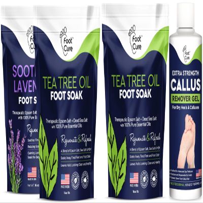 Tea Tree Oil & Soothing Lavender Foot Soak with Epsom Salt Callus Remover for Feet with Extra Strength Gel & Foot Pumice Stone Set
