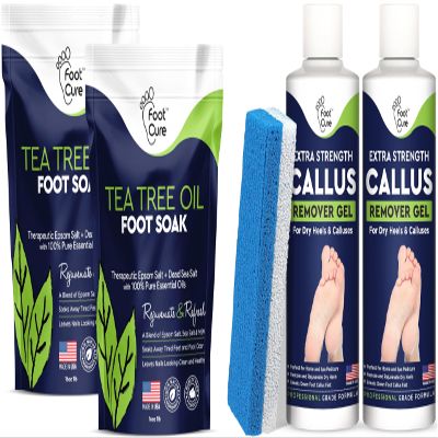 Tea Tree Oil Foot Soak with Epsom Salt - Best Toenail Fungus Treatment, Athletes Foot & Softens Calluses Callus Remover for Feet with Extra Strength Gel & Foot Pumice Stone Set
