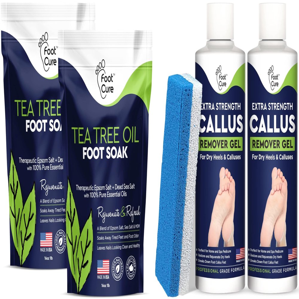 Tea Tree Oil Foot Soak with Epsom Salt - Best Toenail Fungus Treatment, Athletes Foot & Softens Calluses Callus Remover for Feet with Extra Strength Gel & Foot Pumice Stone Set