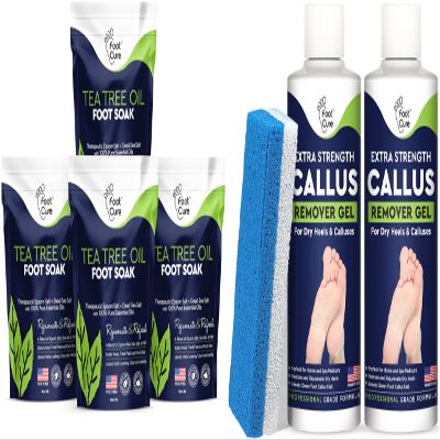 Tea Tree Oil Foot Soak with Epsom Salts for Foot Pain, Soreness, Athletes Foot - Odors Callus Remover for Feet with Extra Strength Gel & Foot Pumice Stone Set - Easy Way to Remove Hard Calluses