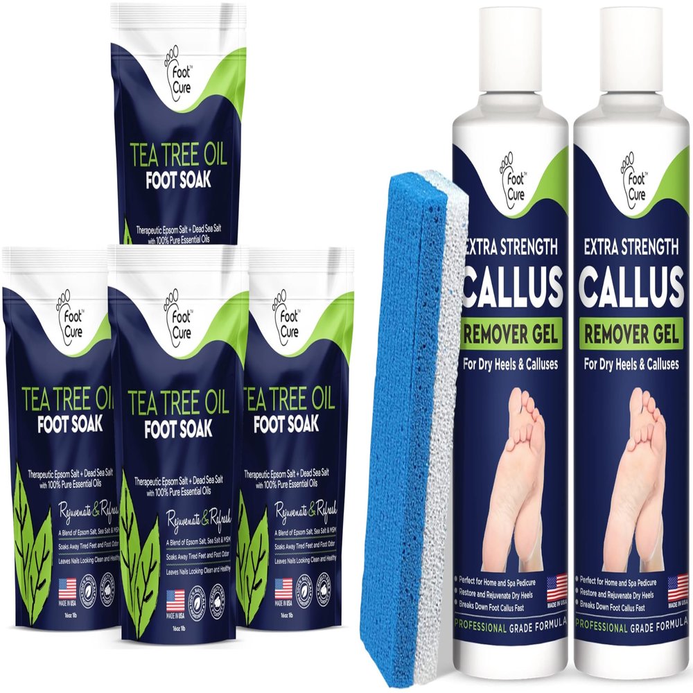 Tea Tree Oil Foot Soak with Epsom Salts for Foot Pain, Soreness, Athletes Foot - Odors Callus Remover for Feet with Extra Strength Gel & Foot Pumice Stone Set - Easy Way to Remove Hard Calluses